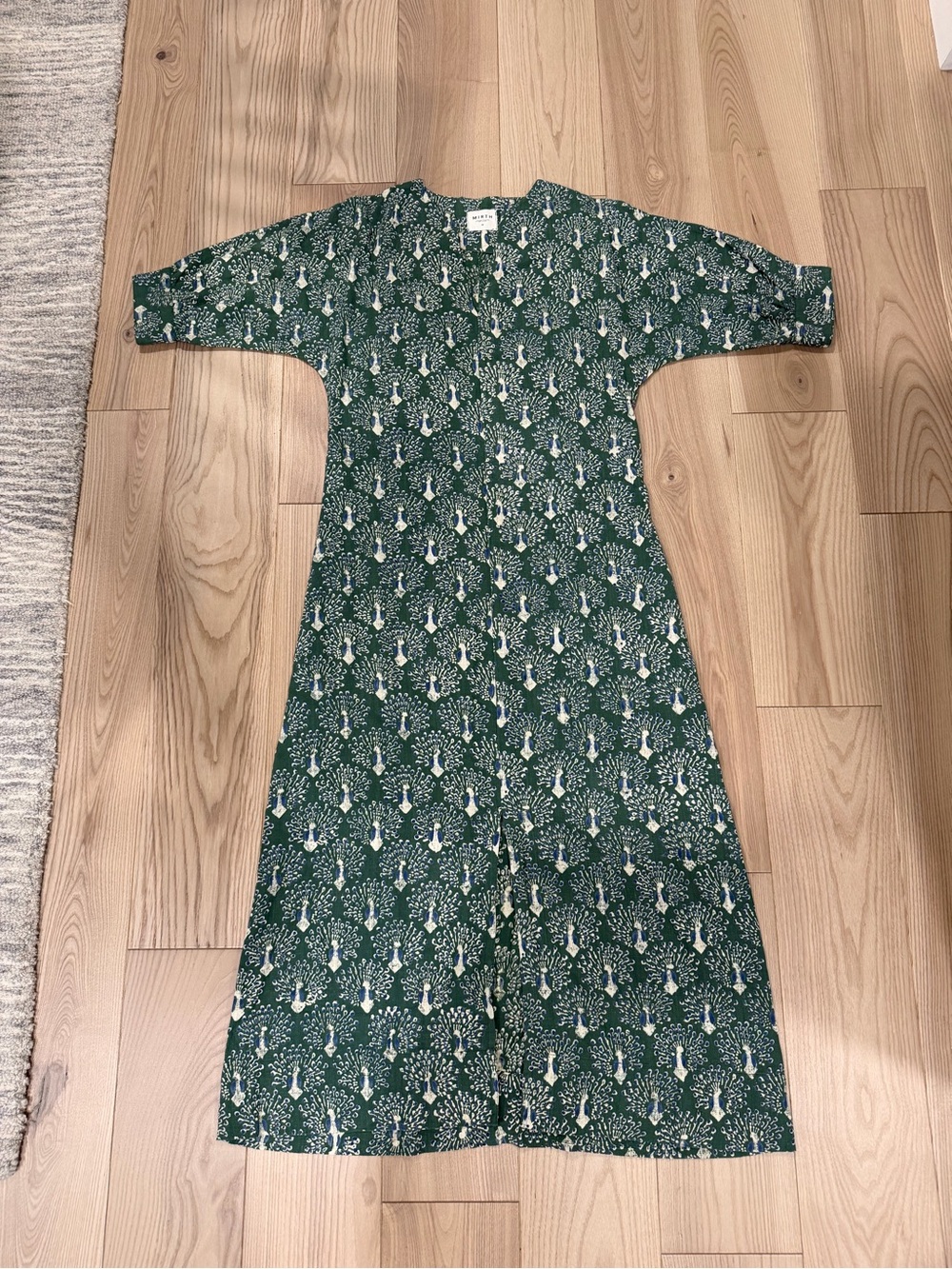 Mirth Green Peacock Block Print Midi Dress XS Handmade India Dolman